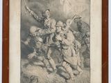 an old picture of a man holding a sword in front of a group of soldiers