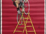a poster of a man riding a bicycle on a ladder