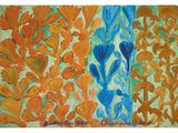 an image of a painting of flowers and leaves on a white background