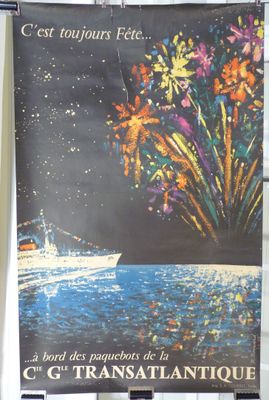 une grande affiche représentant un bateau orné de fleurs