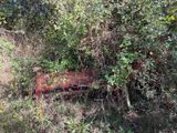 a rusted out car in the middle of the woods