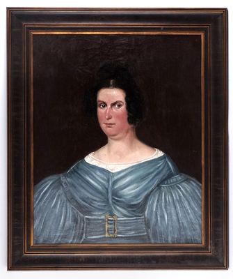 an oil painting of a woman in a blue dress