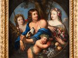 une image représentant un tableau sur lequel figurent trois femmes et un oiseau