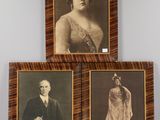 three framed photographs of a woman and a man in formal clothing