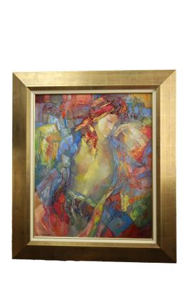 tableau représentant une femme coiffée d'un chapeau rouge et un cheval, dans un cadre doré