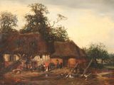 painting of a village scene with a horse drawn carriage and a man on a horse