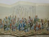 a book with a picture of a group of men holding spears