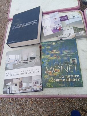 a pink suitcase with books on it sitting on the ground