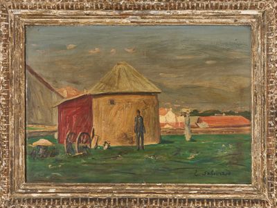 an image of a painting of a man standing in front of a barn