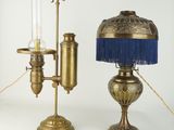 pair of antique brass table lamps with blue fringes