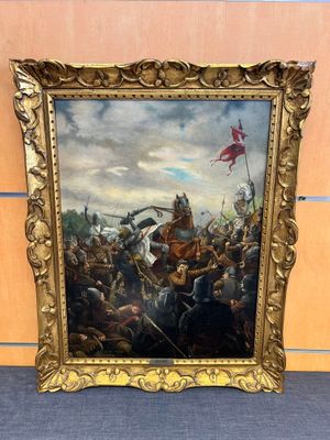 une peinture représentant une peinture d'un homme à cheval devant une foule de gens