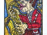 tableau représentant un homme jouant du saxophone devant une affiche