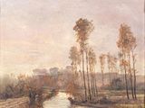 un tableau représentant une rivière avec des arbres au premier plan