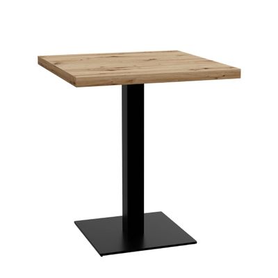 une table en bois avec un piètement en métal noir et un plateau carré