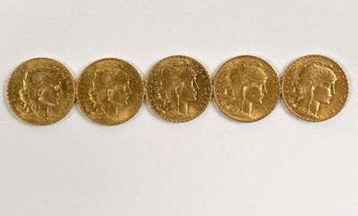 Cinq pièces en or de 20 francs au coq de CHAPLAIN (2x1907- 2… - Photo 1