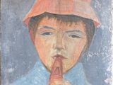 un tableau représentant un garçon coiffé d'un bonnet rouge en train de jouer de la flûte