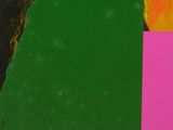 an image of a painting of a dog with a pink and green background