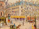 painting of a painting of a horse drawn carriage on a city street