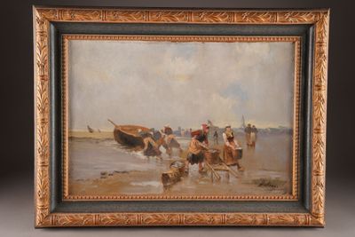 painting of a group of people on a beach with a boat in the background