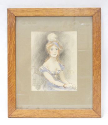 an old picture of a woman in a blue dress in a wooden frame