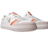 white and orange sneakers with white soles on a white background