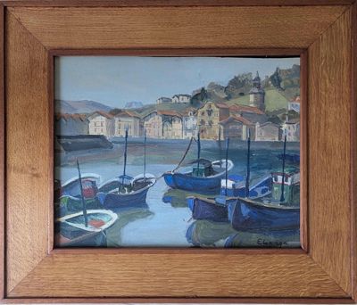 une peinture de bateaux dans un port avec des bâtiments à l'arrière-plan