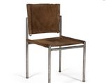 the chair is made of metal and has a brown leather seat