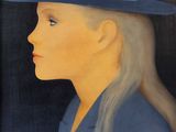portrait of a woman in a blue hat by person