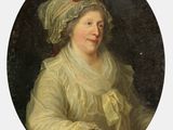 un vieux tableau représentant une femme en robe blanche et coiffée d'un chapeau