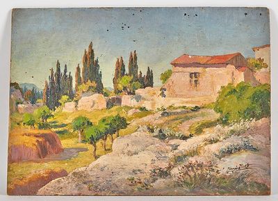 une peinture à l'huile représentant une maison sur une colline avec des arbres en arrière-plan
