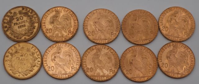 Dix pièces de monnaie en or à valeur faciale de vingt francs (dif...