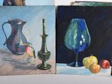 three paintings of vases, apples, pears, and a pitcher on a table