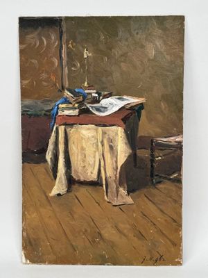 an oil painting of a table with a book and a candle on it