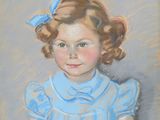 tableau représentant une jeune fille vêtue d'une robe bleue ornée d'un nœud bleu