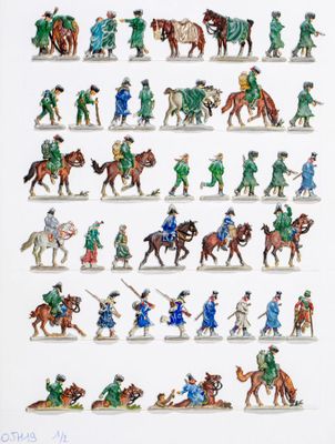 nombreuses figurines de personnes à cheval et de chevaux