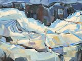 une peinture à l'huile représentant un paysage enneigé avec une montagne en arrière-plan