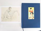a blue book with a drawing of a woman and a drawing of a man on it