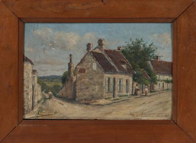 an oil painting of a street scene with a house and trees