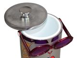 a metal container with a lid and sunglasses on it