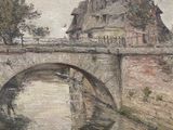 painting of a bridge over a river with a building in the background