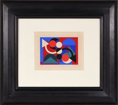 un tableau représentant un cadre noir orné d'un motif abstrait rouge, bleu et vert