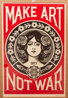 poster of a woman with a rose in her hair and the words make art not war on it