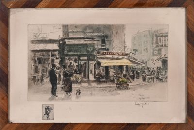 tableau représentant une scène de rue avec des personnes et un chien devant un café