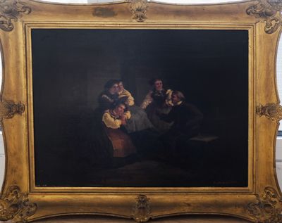 une image d'un tableau représentant un groupe de personnes dans une pièce