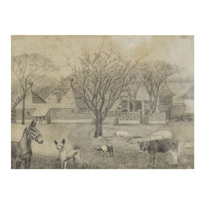drawing of a farm scene with cows and horses in front of a house