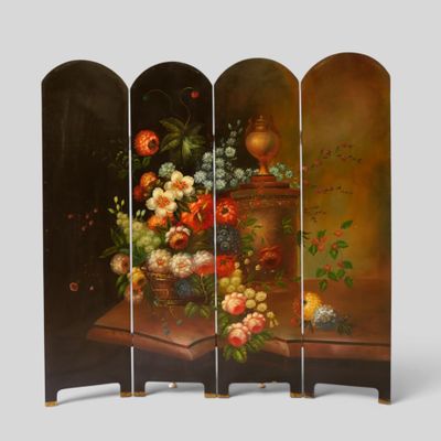 tableau représentant un vase de fleurs posé sur une table, à côté d'un vase rempli de fruits