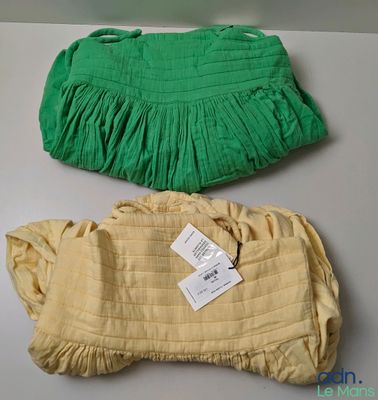 pair of yellow and green handbags with tags on them