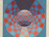 an image of a painting of a circular design in red, blue and green
