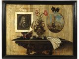 an image of a painting of a table with a book and a vase