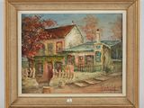 an oil painting of a house with a fence and a bench